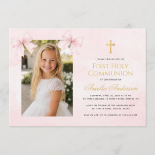First Communion Girl Photo Pink Bows Gold Cross  Invitation