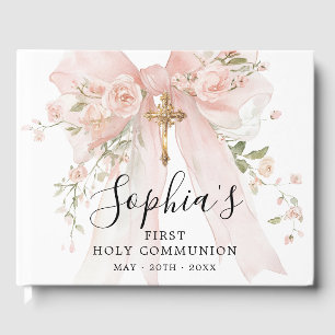 First Communion Girl Pink Bow Roses Custom Guest Book
