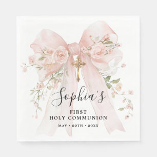 First Communion Girl Pink Bow Roses Custom Napkin