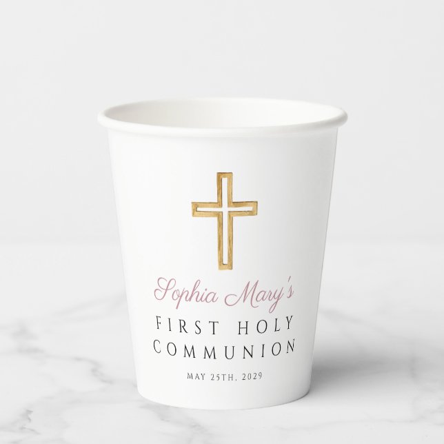 First Communion Girl Religious Cross Paper Cups (Back)