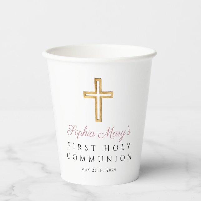 First Communion Girl Religious Cross Paper Cups (Front)