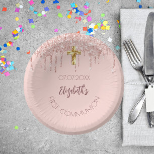 First Communion girl rose gold glitter drips name Paper Plate