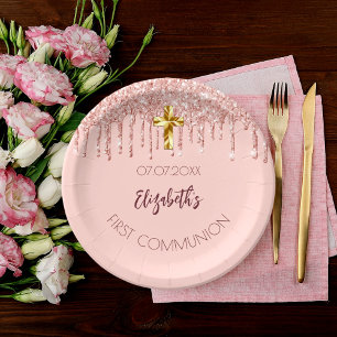 First Communion girl rose gold glitter drips name Paper Plate
