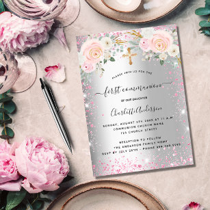 First communion girl silver pink florals sparkles invitation postcard