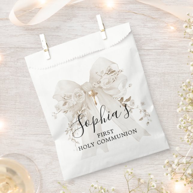 First Communion Girl White Bow Roses Thank You Favour Bags (Clipped)