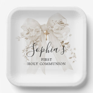 First Communion Girl White Bow Roses Thank You Paper Plate