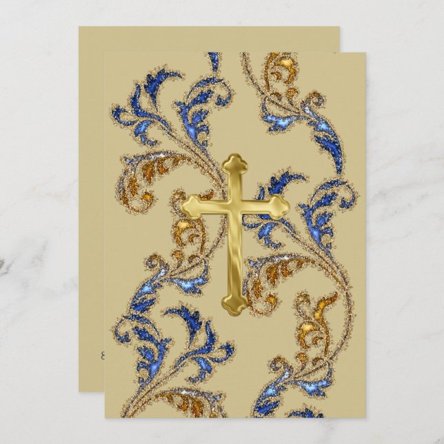 First Communion Glittery Damask with Cross Invitation (Front/Back)