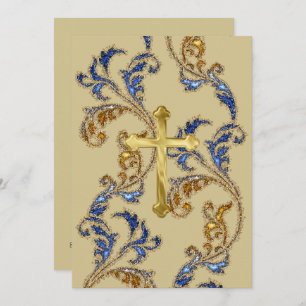 First Communion Glittery Damask with Cross Invitation