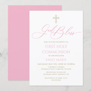 First Communion God Bless pink Invitation
