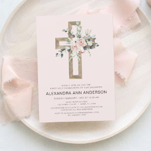 First Communion Gold Cross Blush Pink Floral Invitation