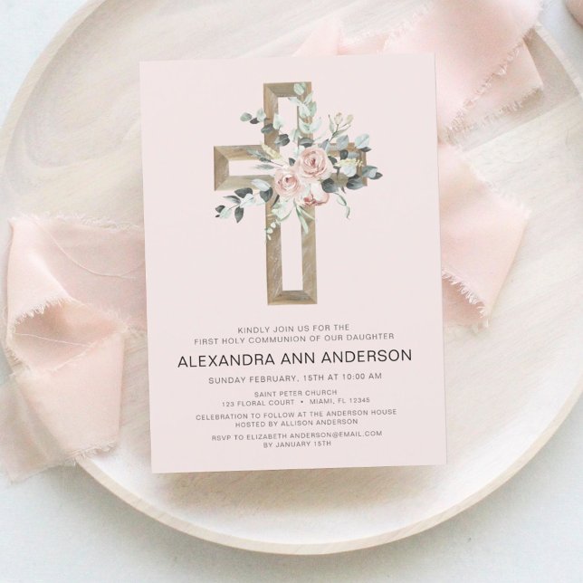 First Communion Gold Cross Blush Pink Floral  Invitation (Creator Uploaded)