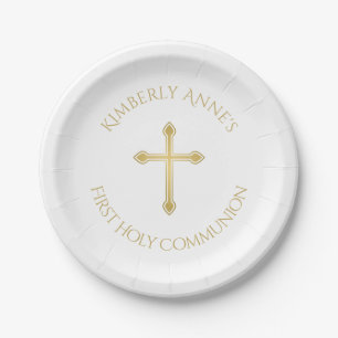 First Communion Gold Cross Monogrammed Name Paper Plate
