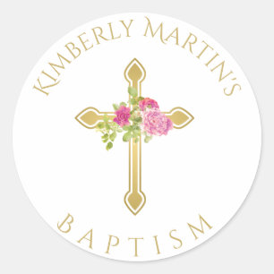 First Communion Gold Cross Pink Rose Monogrammed Classic Round Sticker