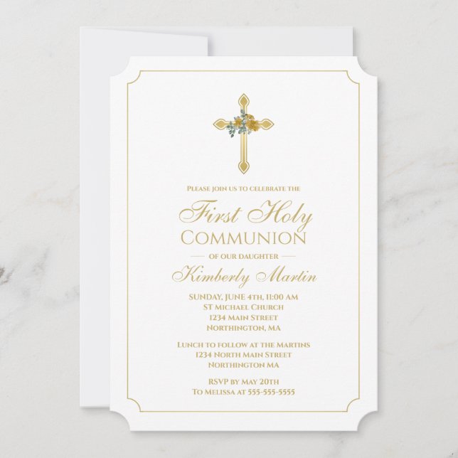 First Communion Gold Cross w/ Gold Roses Christian Invitation (Front)