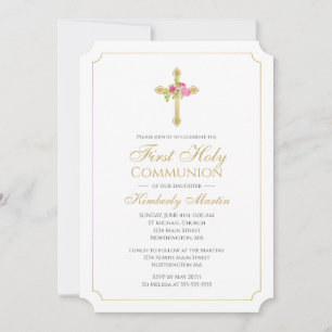 First Communion Gold Cross w/ Pink Roses Christian Invitation