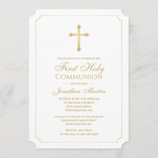 First Communion Gold Cross w/ White Christian Invitation
