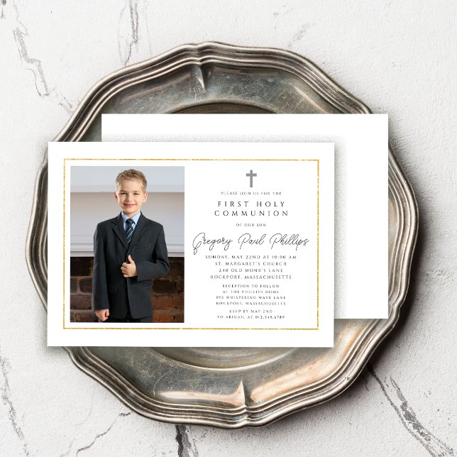 First Communion Gold Frame Minimalist Boy Photo Invitation (Creator Uploaded)