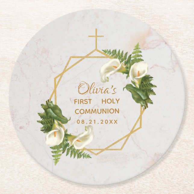 First Communion Gold Marble Calla Lilies Floral Round Paper Coaster (Front)