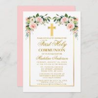 First Communion Gold Watercolor Pink Blush Floral