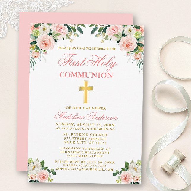 First Communion Gold Watercolor Pink Floral Invitation (Customize to change text color, style, add text & photos to back or change color of back of card.)