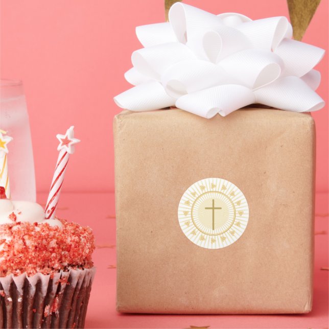 First Communion Gold with Cross Invitation Classic Round Sticker (Party)