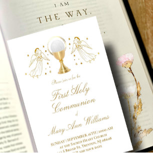 First Communion golden angels Invitation