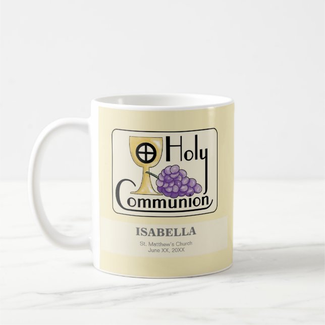 First Communion Grapes and Cup, Customisable Coffee Mug (Left)