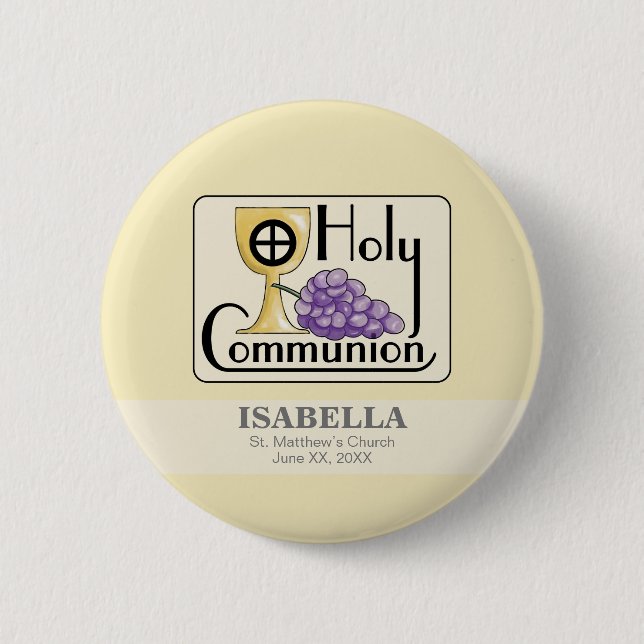 First Communion Grapes and Cup, Customizable 6 Cm Round Badge (Front)