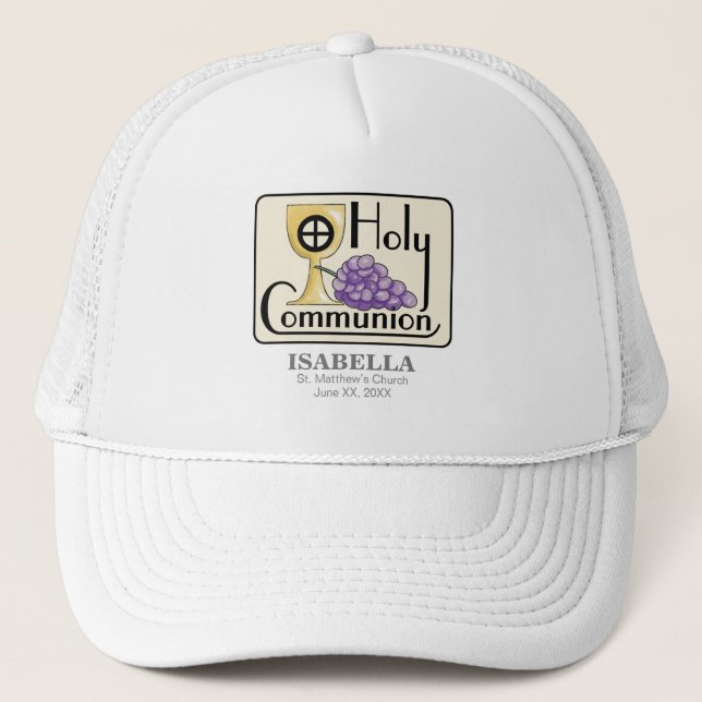 First Communion Grapes and Cup, Customizable Trucker Hat (Front)