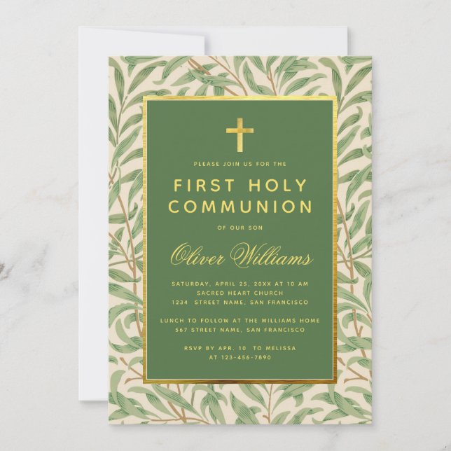 First Communion Green Faux Gold Foliage Greenery Invitation (Front)