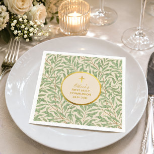 First Communion Green Leaves Faux Gold Foil Morris Napkin