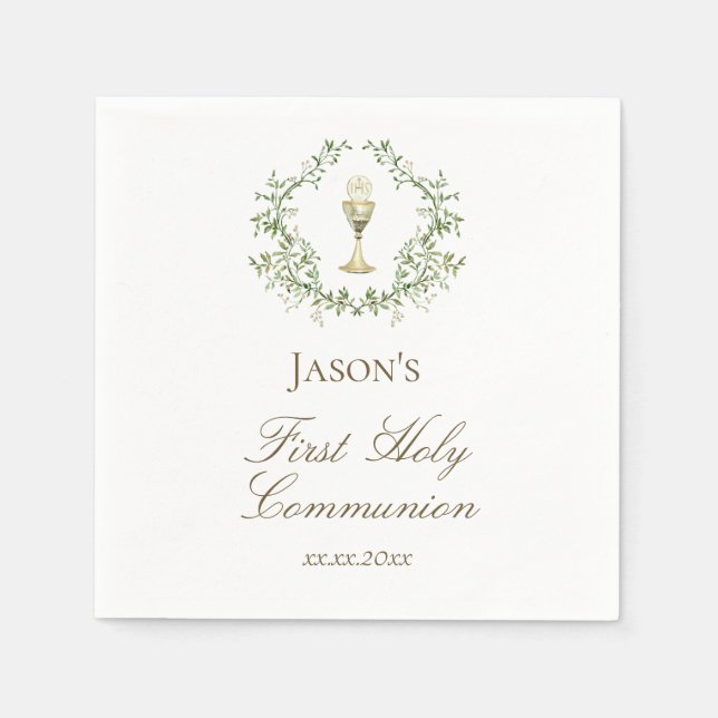 First Communion greenery crest chalice Napkin (Front)