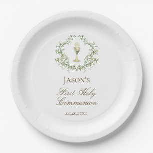 First Communion greenery crest chalice Paper Plate