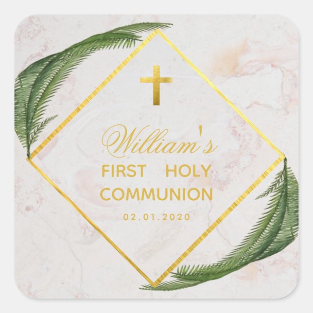 First Communion Greenery Faux Gold Marble Fern Square Sticker (Front)