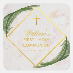 First Communion Greenery Faux Gold Marble Fern Square Sticker