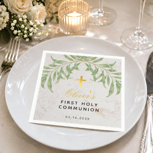 First Communion Greenery Foliage Marble Gold Cross Napkin