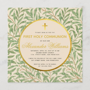 First Communion Greenery Gender Neutral Faux Gold Invitation