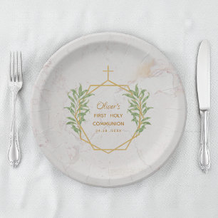 First Communion Greenery Gold Botanical Geometric Paper Plate