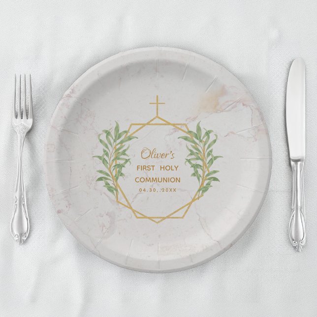 First Communion Greenery Gold Botanical Geometric  Paper Plate (Creator Uploaded)