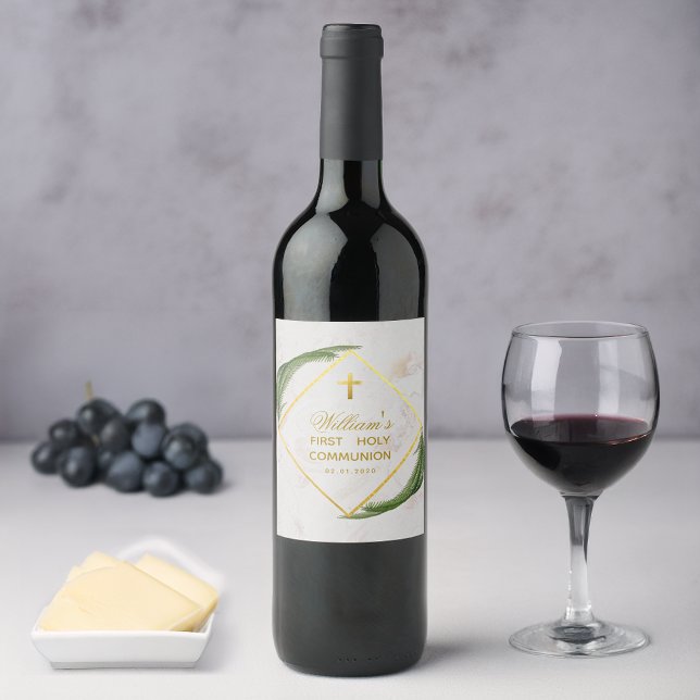 First Communion Greenery Marble Faux Gold Fern Wine Label (Creator Uploaded)