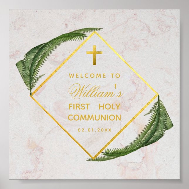 First Communion Greenery Marble Gold Fern Welcome Poster (Front)