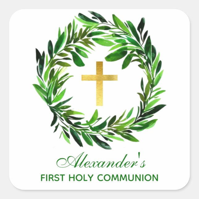 First Communion Greenery Wreath Gold Cross Foliage Square Sticker (Front)