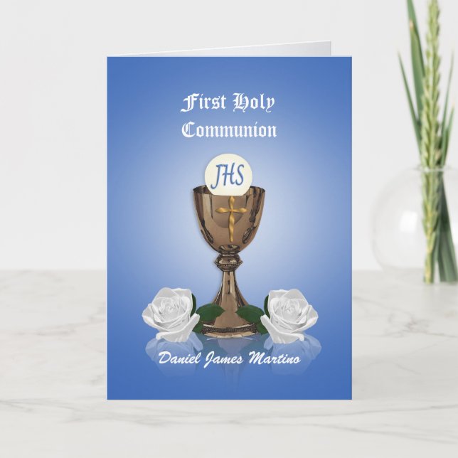 First communion invitation Chalice on blue (Front)