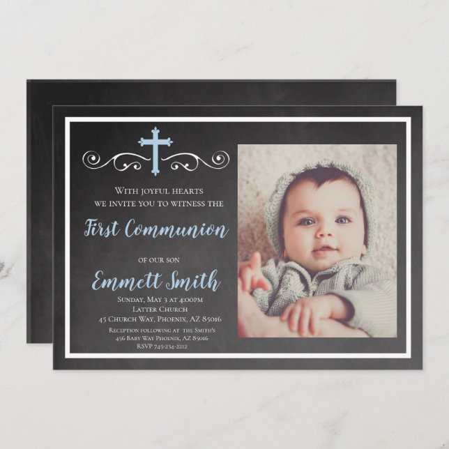 First Communion Invitation, Chalkboard, Boy, Holy Invitation (Front/Back)