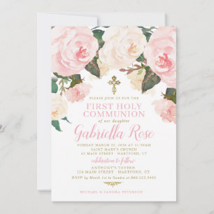 First Communion Invite, Pink Floral Gold Invitation