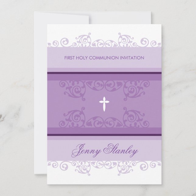 FIRST COMMUNION INVITES pretty curls violet purple (Front)