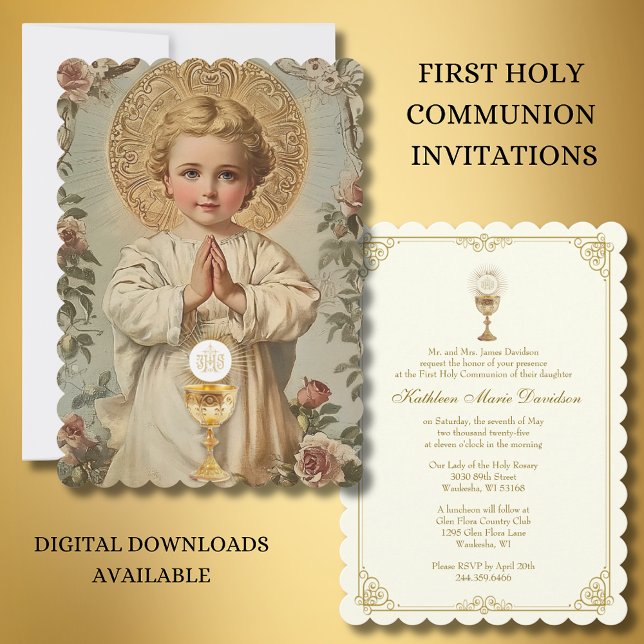 First Communion Jesus Floral Vintage  Invitation (Creator Uploaded)