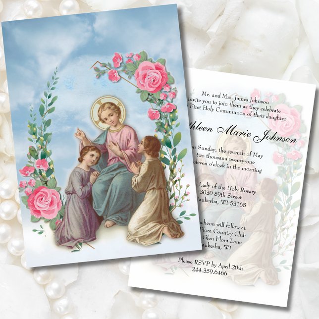 First  Communion Jesus with Children Floral  Invitation (Creator Uploaded)