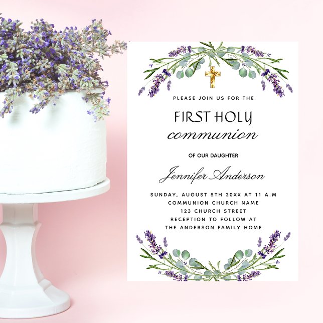 First communion lavender eucalyptus violet florals invitation postcard (Creator Uploaded)