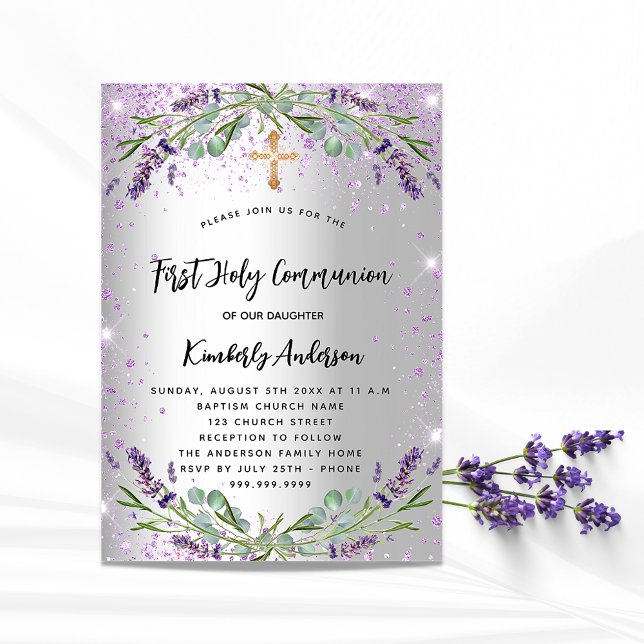 First Communion lavender silver violet luxury Invitation (Creator Uploaded)